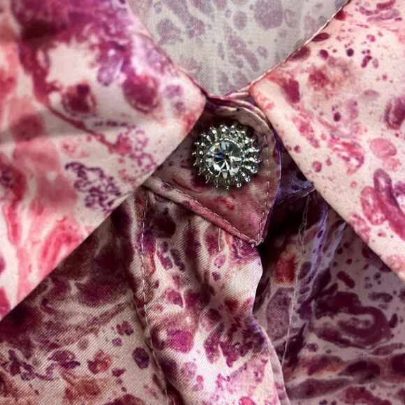 Zara pink satin abstract print button-down blouse with bishop sleeves Large 740 - Picture 4 of 9